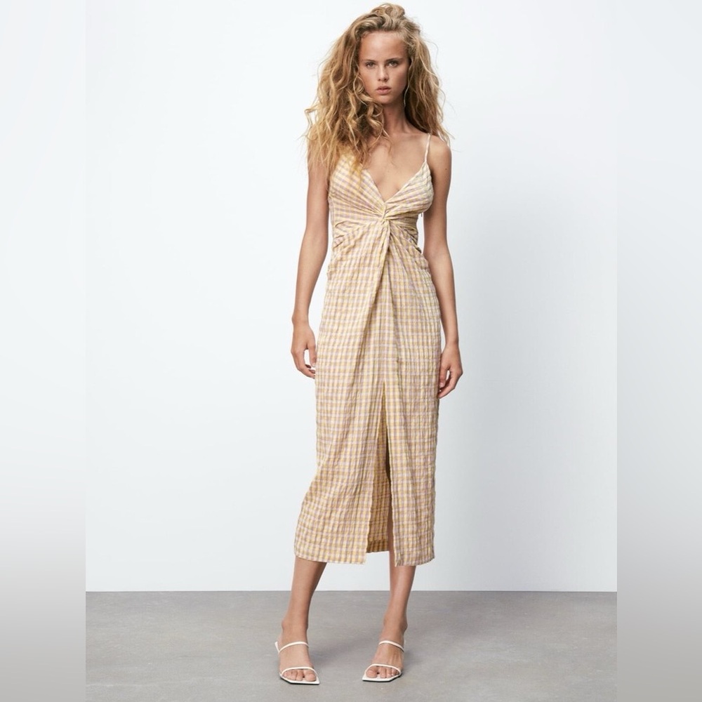 Zara beige purple gingham plaid checkered midi dress